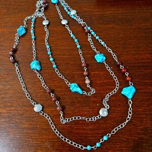 Brown, teal, matte silver necklace